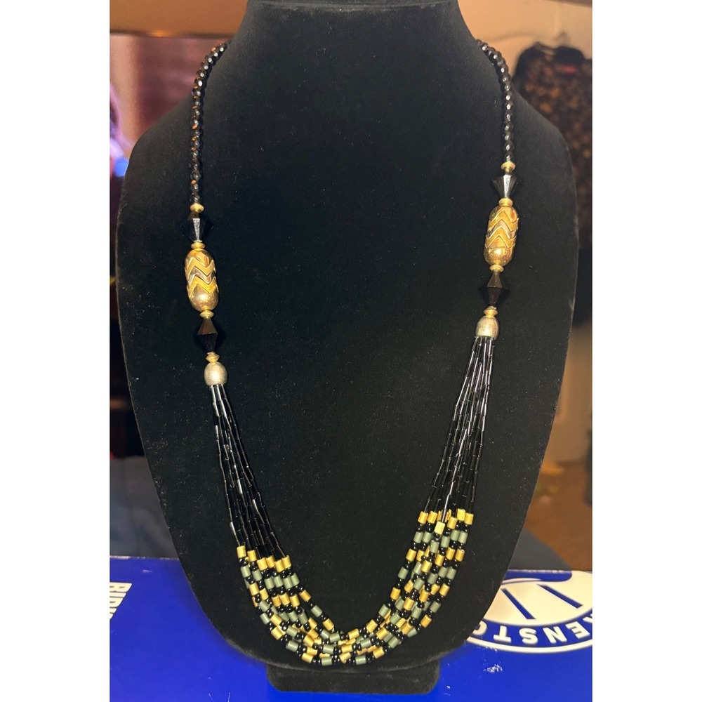 Vintage Art Deco Beaded Necklace with Gold And Black Accents